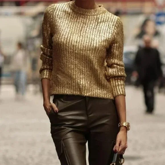 BLOGGER’S FAVE | NWT ZARA GOLD METALLIC SHIMMER CRACKLED KNIT SWEATER - Picture 7 of 11